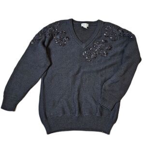 Vintage Black Sweater Beaded Flower Applique Knit V-neck Dolman Sleeve M Goth